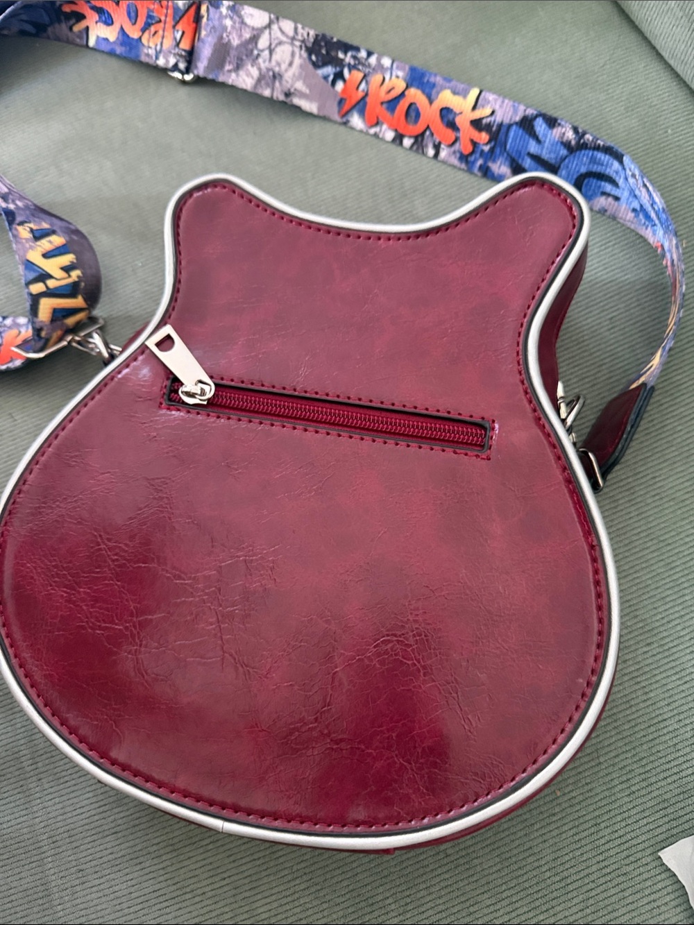 Guitar-Shaped Crossbody Bag in Burgundy & Black with Colorful Strap 9”x 9”x 3” - Picture 3 of 5
